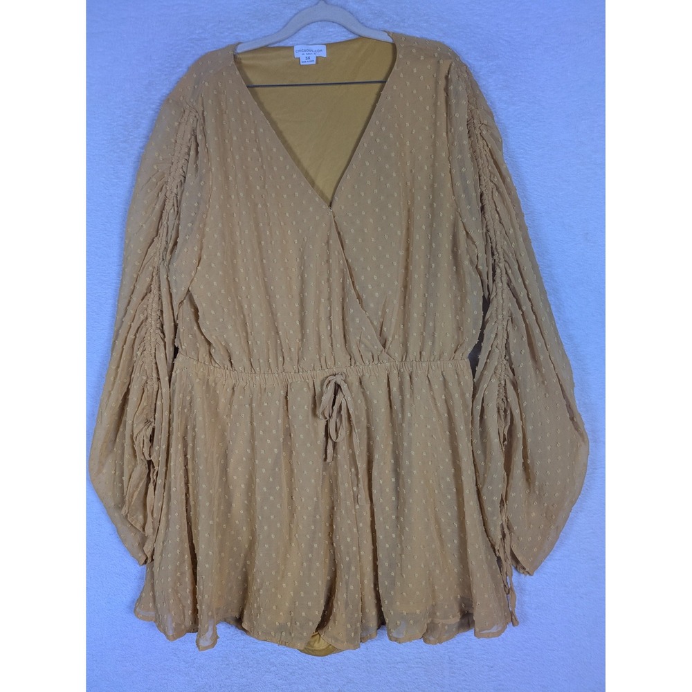 Chic Soul Romper Women's 3X Mustard Yellow Swiss Dot Long Ruched Sleeve V-Neck